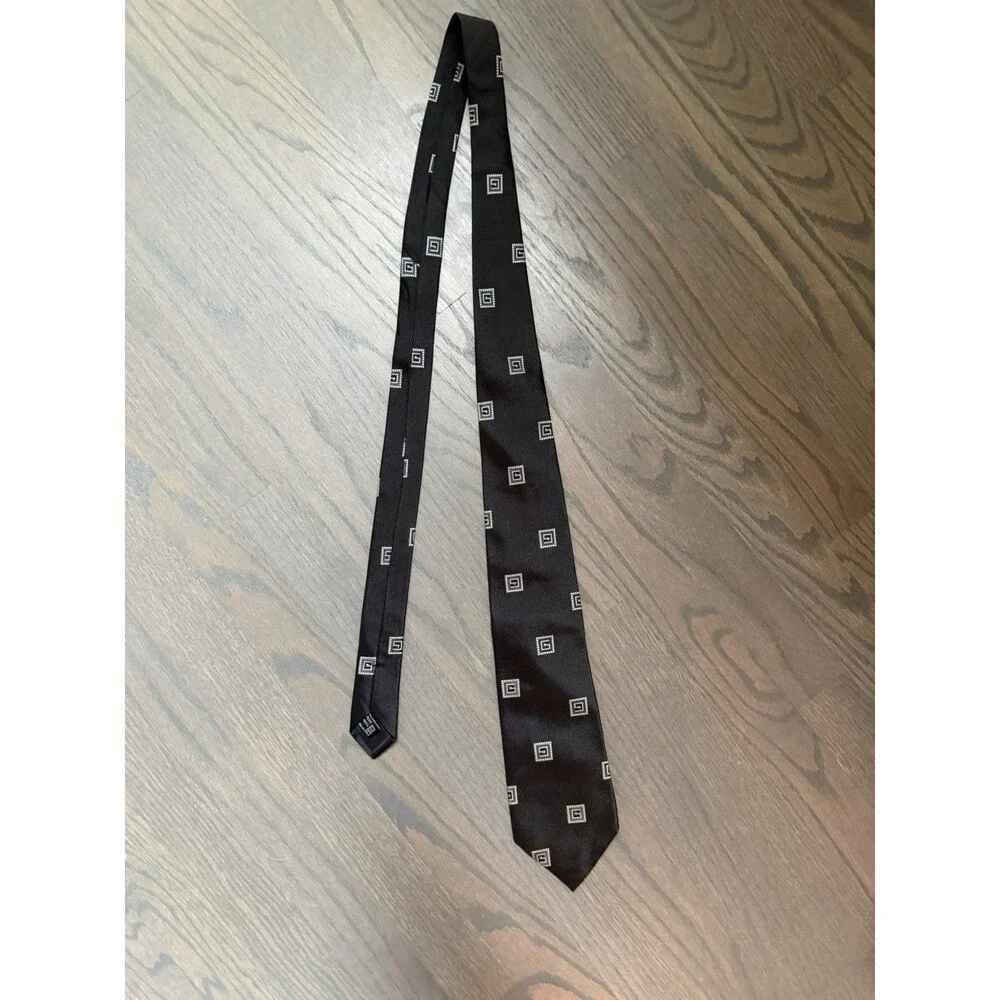 GUCCI Black Silver Geometric Square G Logo Woven Silk Mens Neck Tie Italy Auth